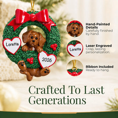 Hand-painted, laser engraved Dachshund Glitter Wreath christmas ornament, ribbon included