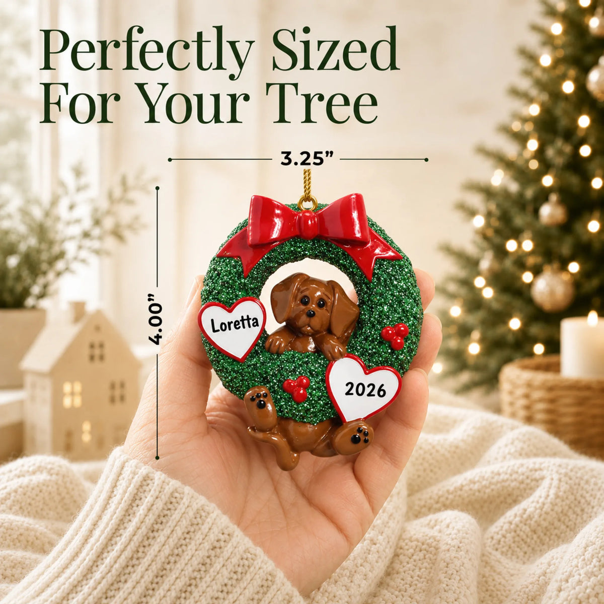 Size guide: the personalized Dachshund Glitter Wreath christmas ornament is 3.25 in wide by 4.00 in tall, shown in hand