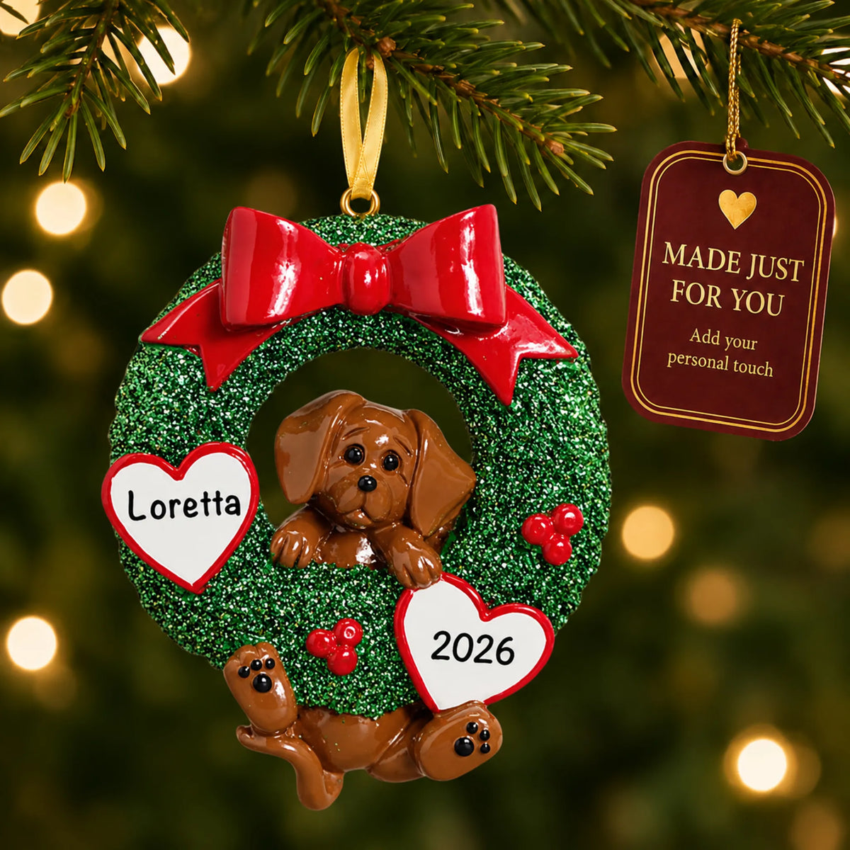 Dachshund Glitter Wreath christmas ornament hanging on a lit Christmas tree with a Made Just For You gift tag