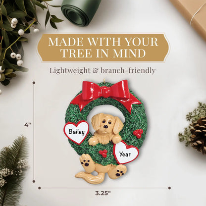 Adorno navideño con corona de purpurina de Golden Retriever 