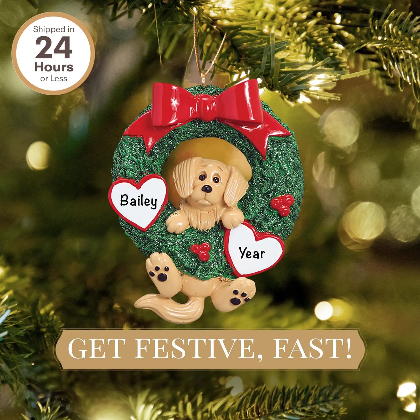 Adorno navideño con corona de purpurina de Golden Retriever 