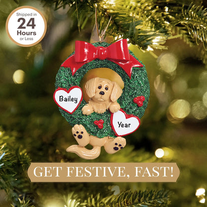 Adorno navideño con corona de purpurina de Golden Retriever 