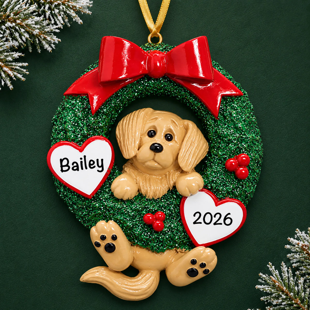 Personalized Golden Retriever Glitter Wreath christmas ornament on a dark green pine background