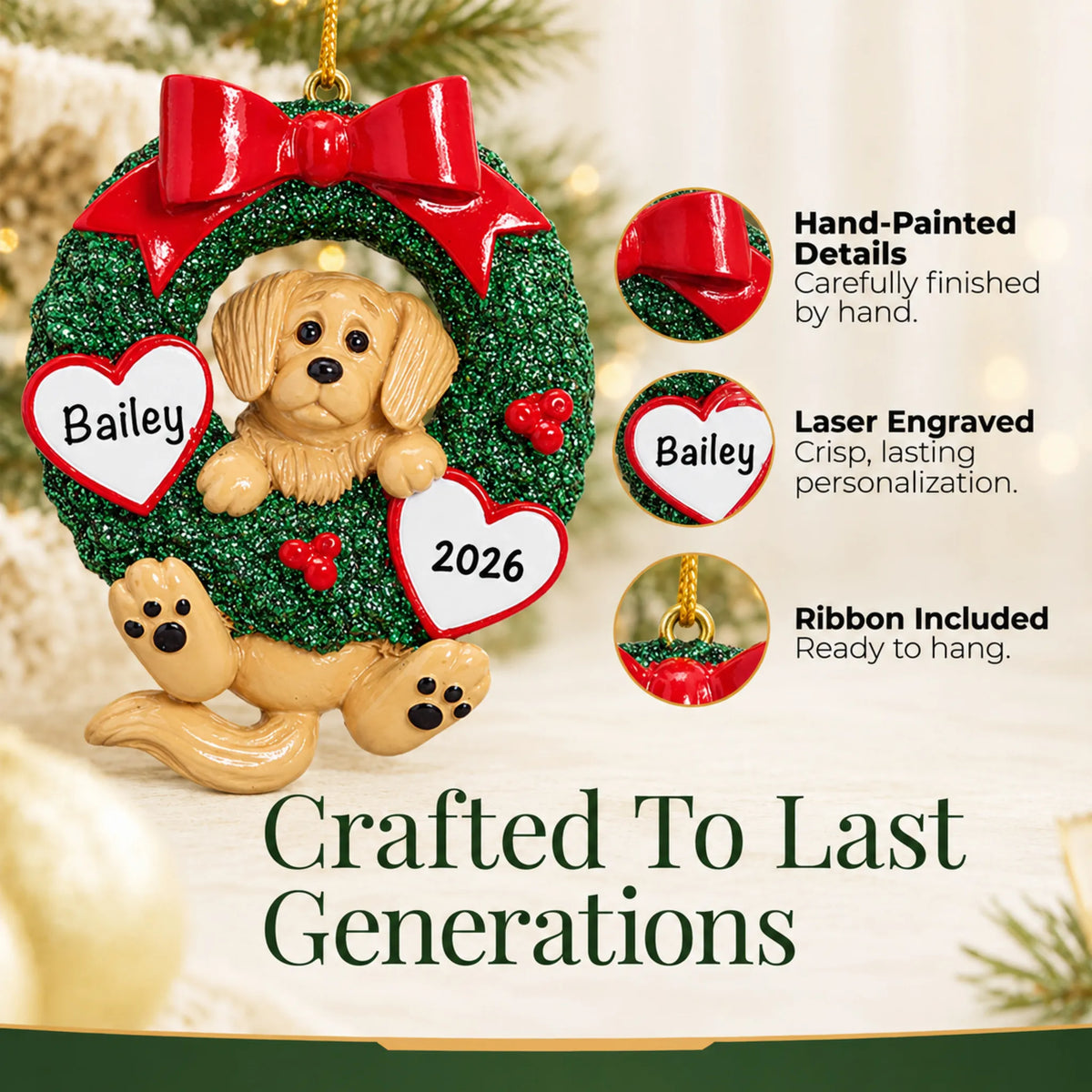 Hand-painted, laser engraved Golden Retriever Glitter Wreath christmas ornament, ribbon included