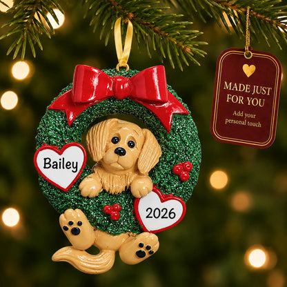 Golden Retriever Glitter Wreath christmas ornament hanging on a lit Christmas tree with a Made Just For You gift tag