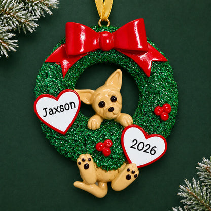 Personalized Chihuahua Glitter Wreath christmas ornament on a dark green pine background