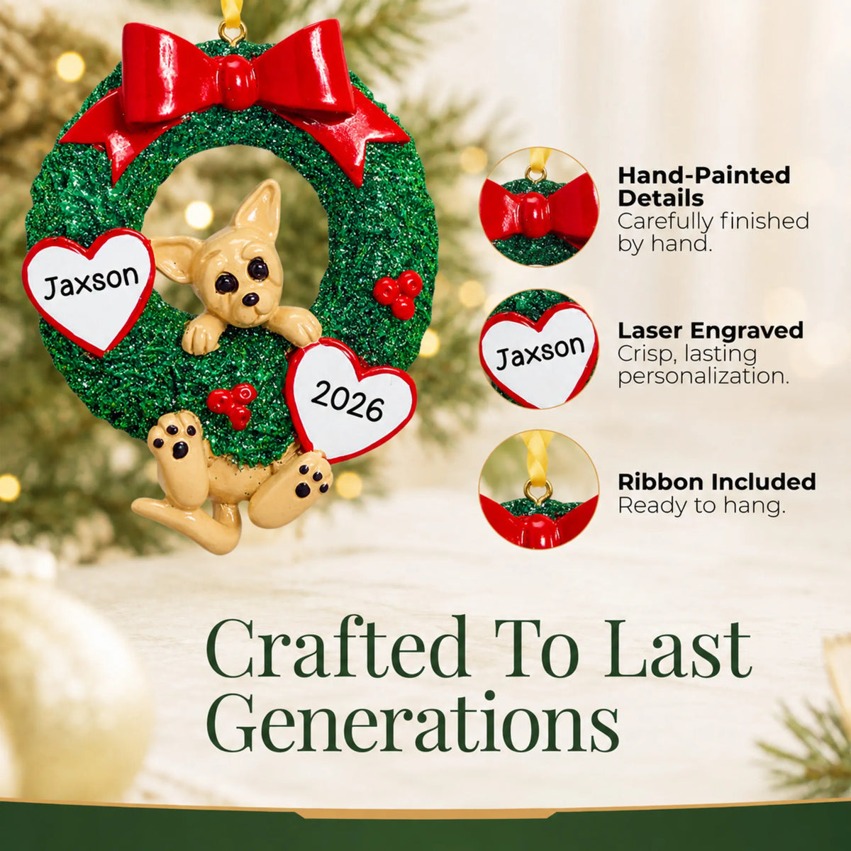 Hand-painted, laser engraved Chihuahua Glitter Wreath christmas ornament, ribbon included