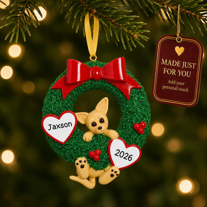 Chihuahua Glitter Wreath christmas ornament hanging on a lit Christmas tree with a Made Just For You gift tag