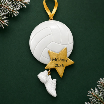 Personalized volleyball star christmas ornament on a dark green pine background
