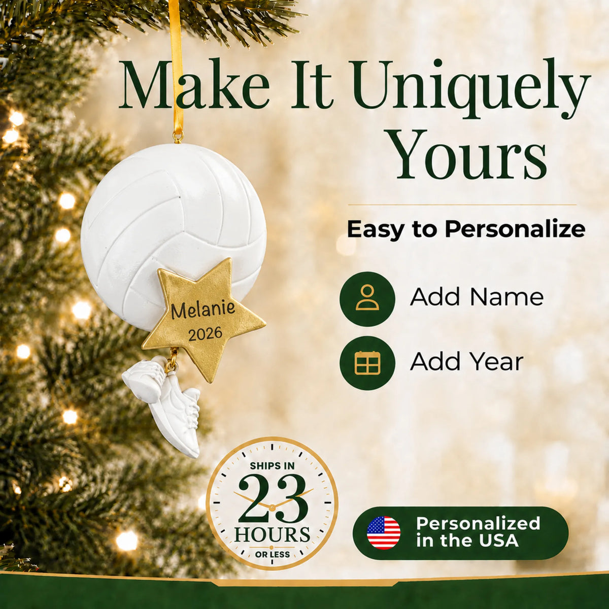 Make it yours: add name and year to the personalized volleyball star christmas ornament