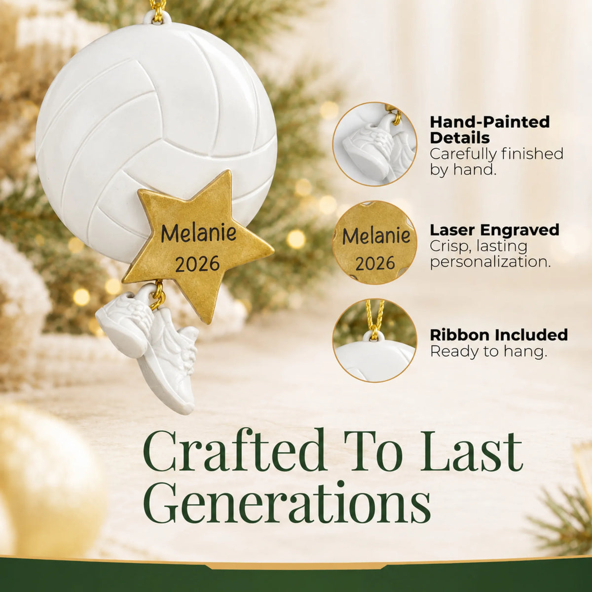 Hand-painted details and laser engraved personalization on the volleyball star christmas ornament, ribbon included