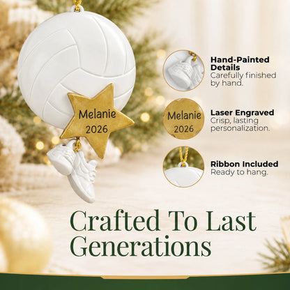 Hand-painted details and laser engraved personalization on the volleyball star christmas ornament, ribbon included