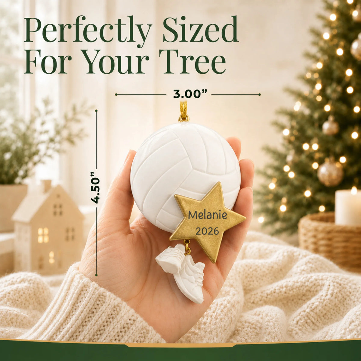 Size guide: the personalized volleyball star christmas ornament is 3.00 in wide by 4.50 in tall, shown in hand