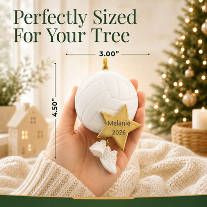 Size guide: the personalized volleyball star christmas ornament is 3.00 in wide by 4.50 in tall, shown in hand