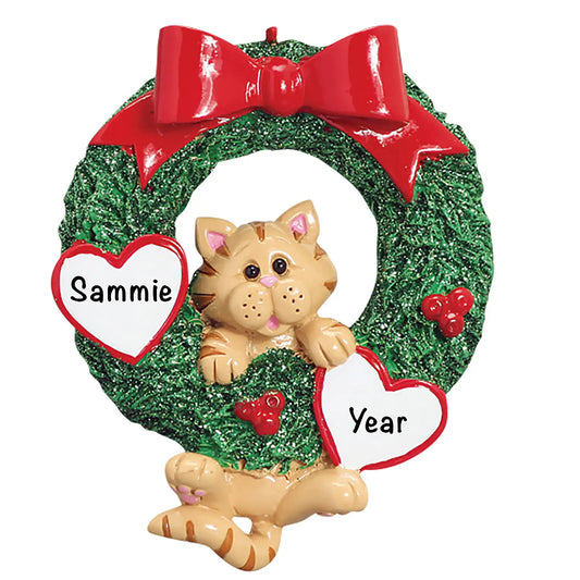 Orange Tabby Cat Glitter Wreath Christmas Ornament