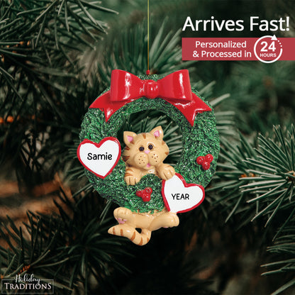 Orange Tabby Cat Glitter Wreath Christmas Ornament