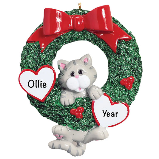 Gray Tabby Cat Glitter Wreath Christmas Ornament