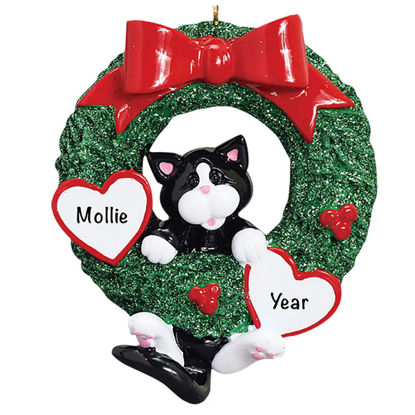 Tuxedo Black Cat Wreath Personalized Ornament