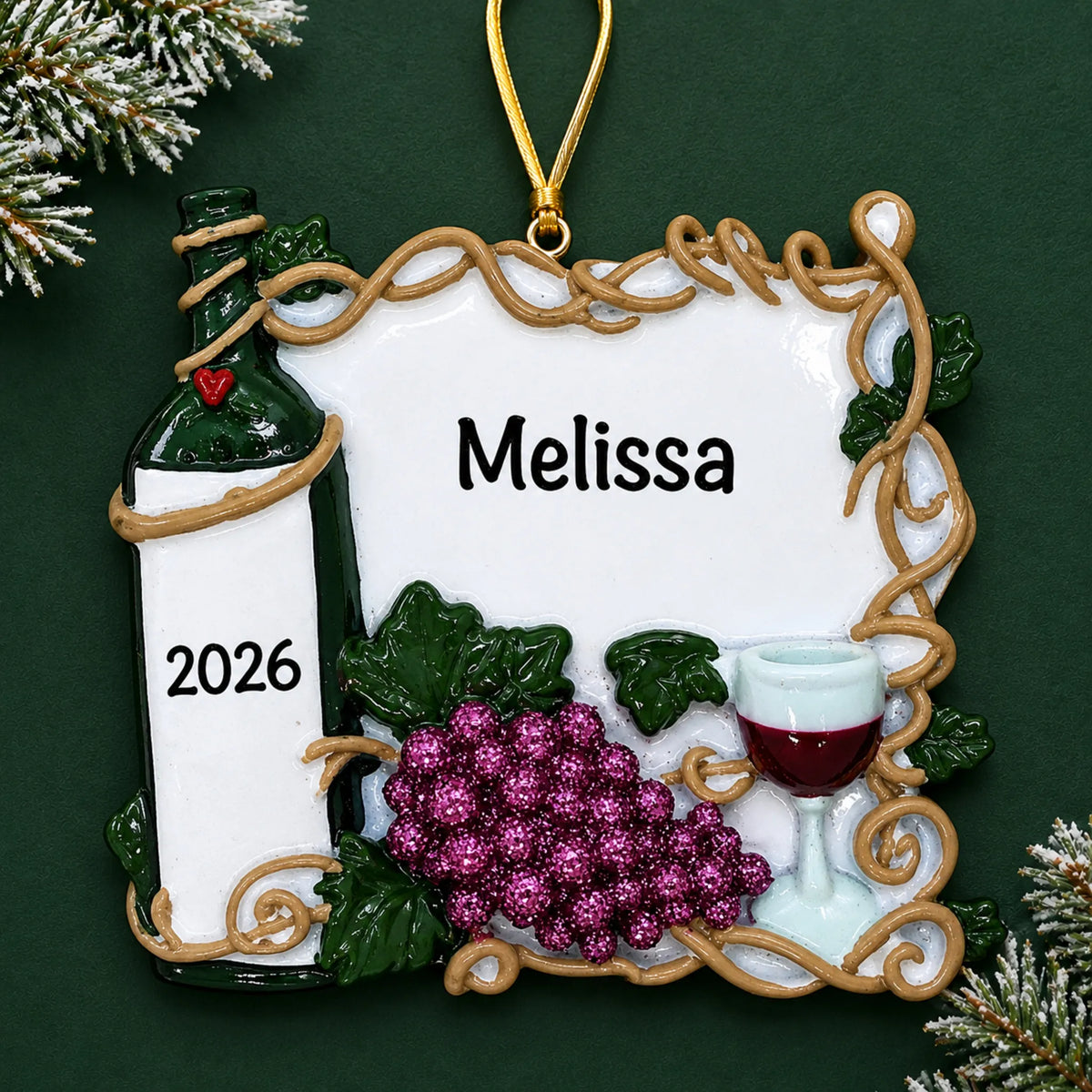 Personalized Red Wine Lover christmas ornament on a dark green pine background