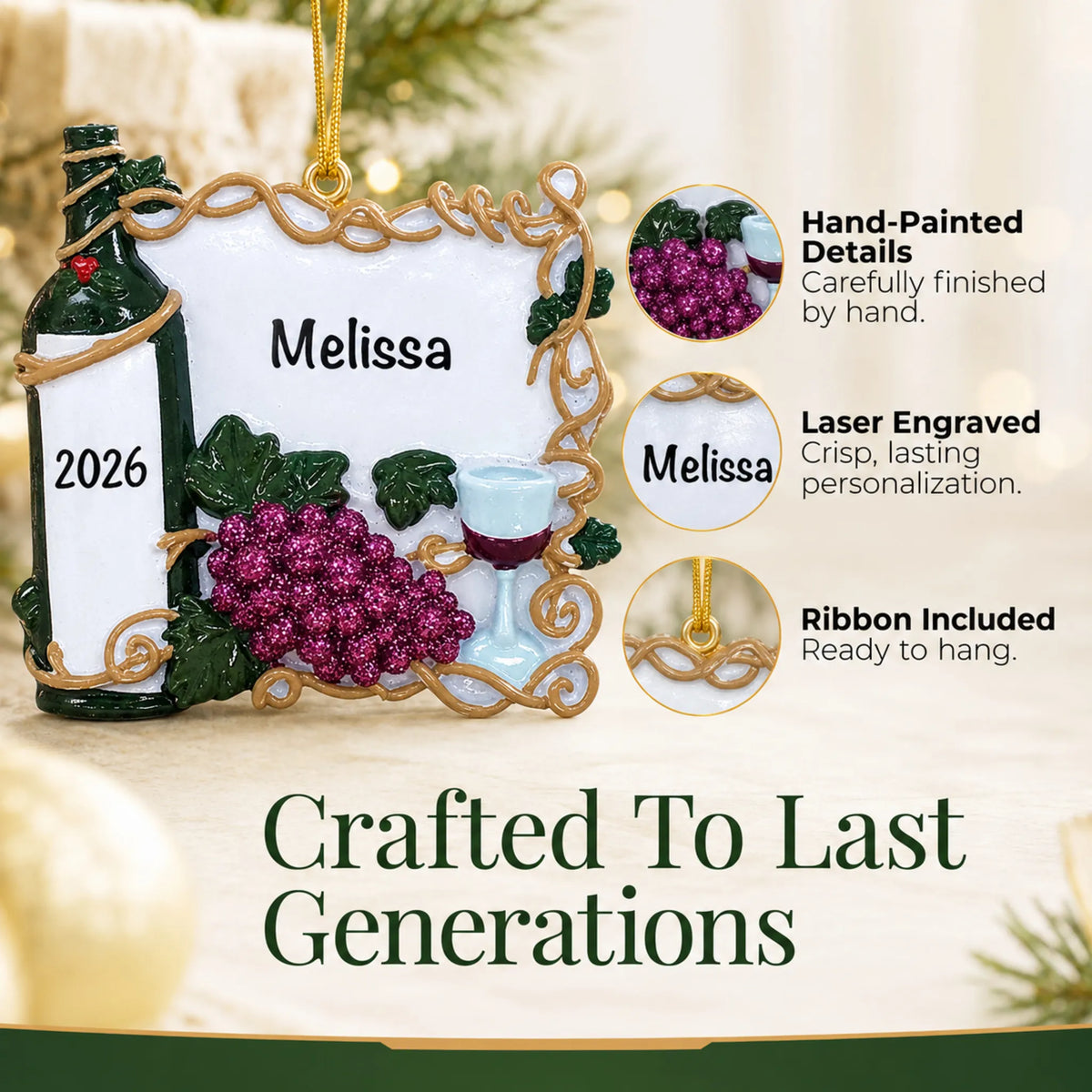 Hand-painted details and laser engraved personalization on the Red Wine Lover christmas ornament, ribbon included