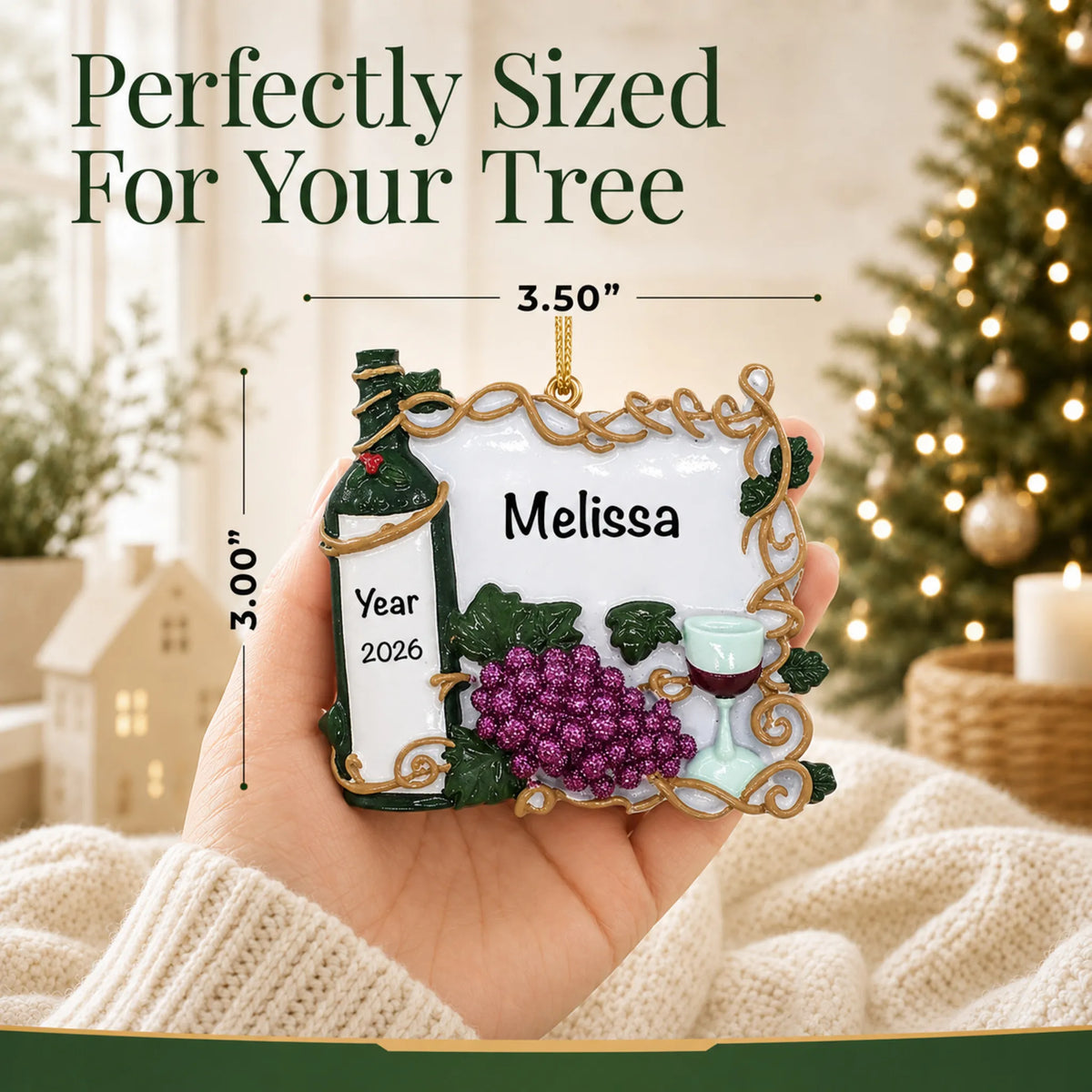 Size guide: the personalized Red Wine Lover christmas ornament is 3.50 in wide by 3.00 in tall, shown in hand