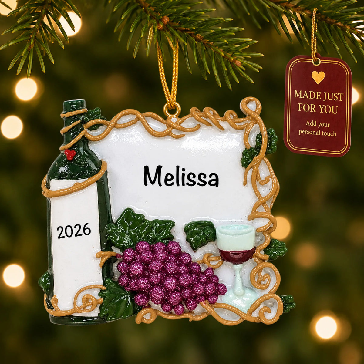 Red Wine Lover christmas ornament hanging on a lit Christmas tree with a Made Just For You gift tag