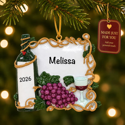 Red Wine Lover christmas ornament hanging on a lit Christmas tree with a Made Just For You gift tag