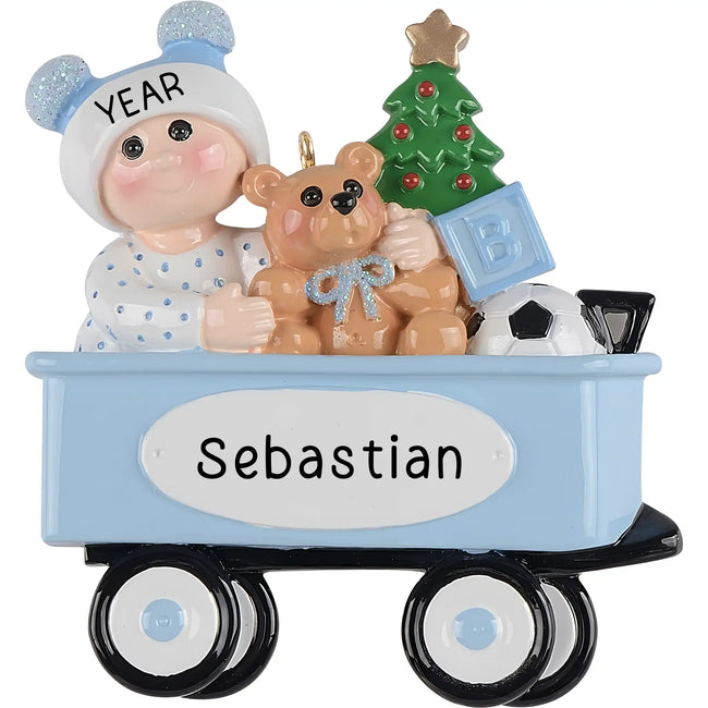 Baby Boy Christmas Blue Wagon personalized baby boy ornament celebrating first holiday keepsake