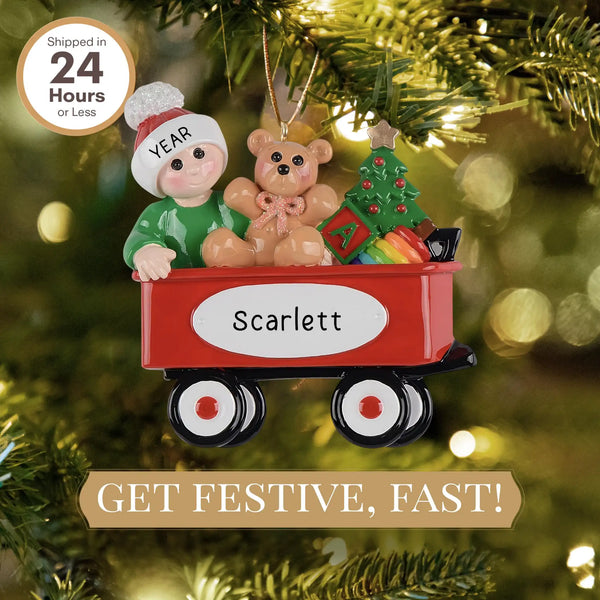 Red Wagon Baby Boy Christmas Ornament – Vintage-inspired red wagon ornament for baby's first holiday season.
