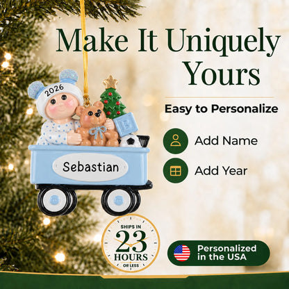 Make it yours: add name and year to the personalized blue wagon baby boy christmas ornament