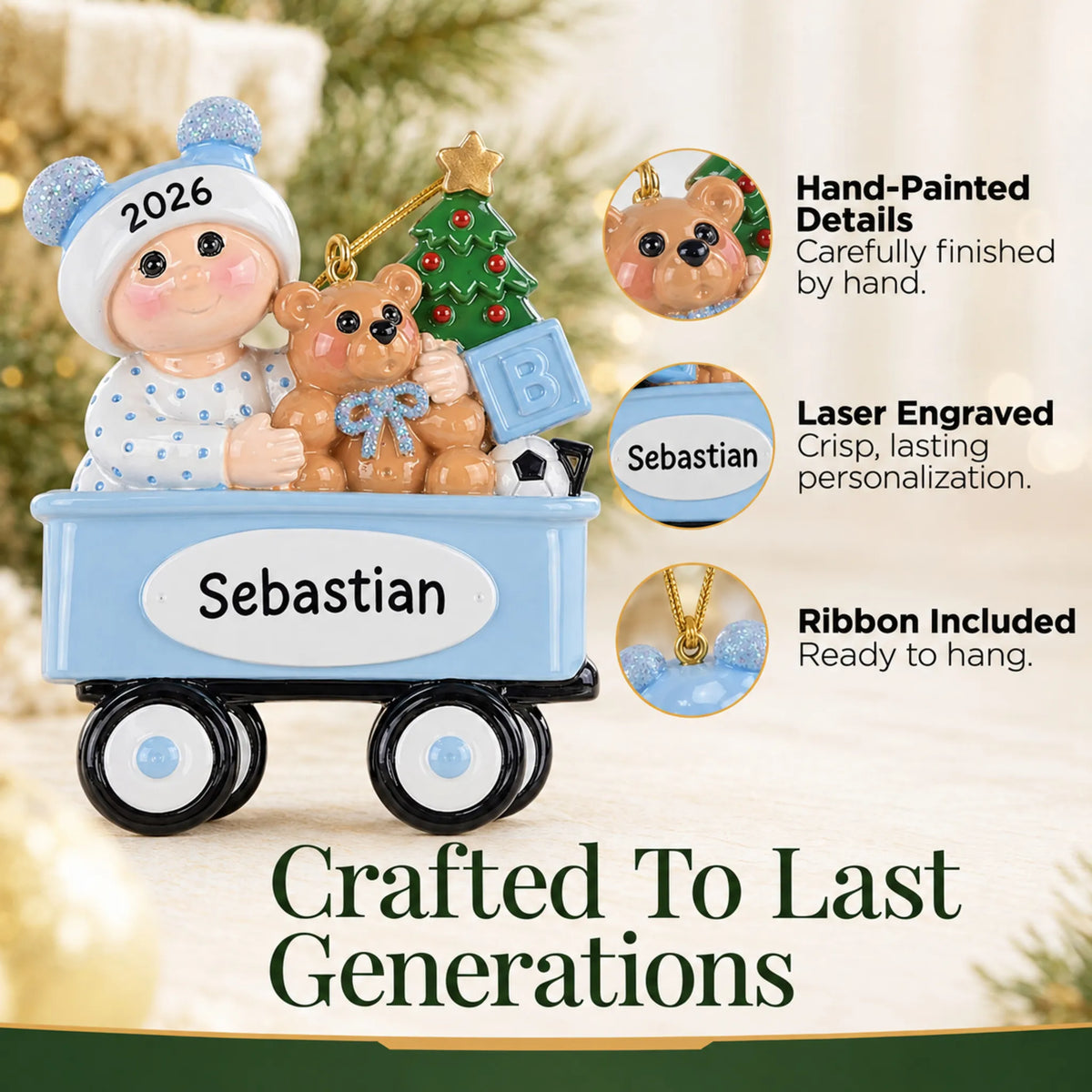 Hand-painted details and laser engraved personalization on the blue wagon baby boy christmas ornament, ribbon included