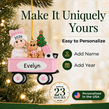 Make it yours: add name and year to the personalized pink wagon baby girl christmas ornament