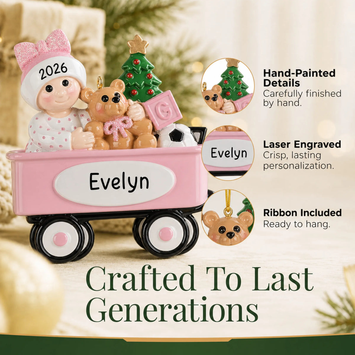 Hand-painted details and laser engraved personalization on the pink wagon baby girl christmas ornament, ribbon included