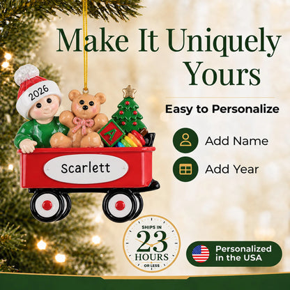 Make it yours: add name and year to the personalized red wagon baby christmas ornament