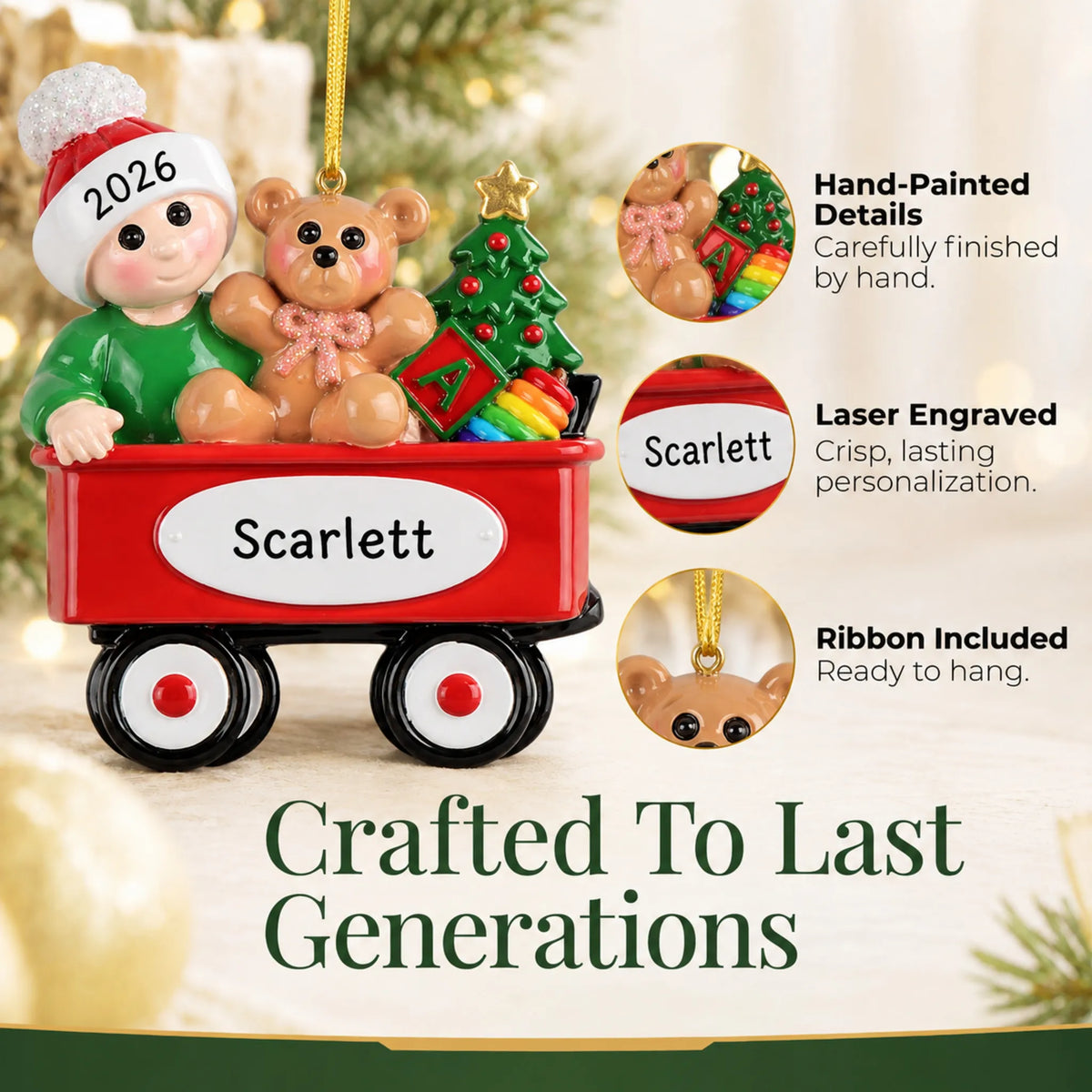 Hand-painted details and laser engraved personalization on the red wagon baby christmas ornament, ribbon included