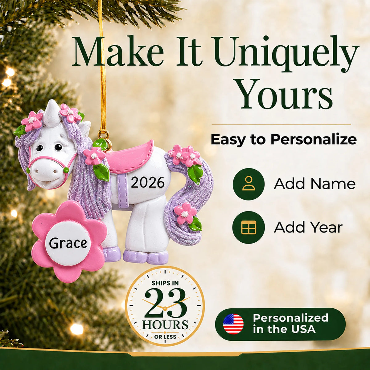 Make it yours: add name and year to the personalized unicorn flower bloom christmas ornament