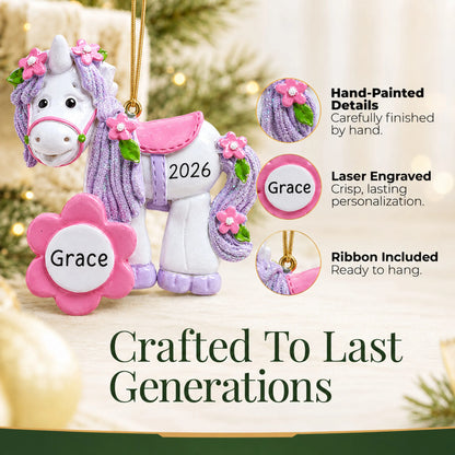 Hand-painted details and laser engraved personalization on the unicorn flower bloom christmas ornament, ribbon included