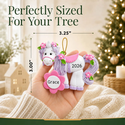 Size guide: the personalized unicorn flower bloom christmas ornament is 3.25 in wide by 3.00 in tall, shown in hand
