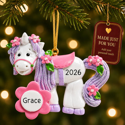 Unicorn flower bloom christmas ornament hanging on a lit Christmas tree with a Made Just For You gift tag