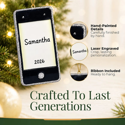 Hand-painted details and laser engraved personalization on the cell phone christmas ornament, ribbon included