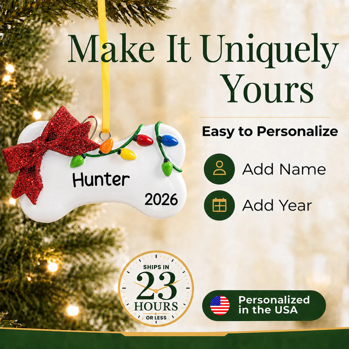 Make it yours: personalize the Holiday Lights Dog Bone christmas ornament with your dog's name and the year