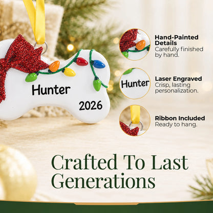 Hand-painted, laser engraved Holiday Lights Dog Bone christmas ornament, ribbon included