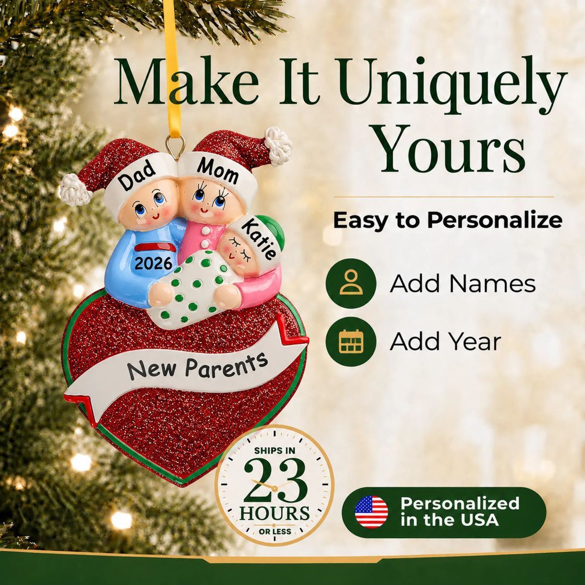 Make it yours: add names and year to the personalized new parents christmas ornament