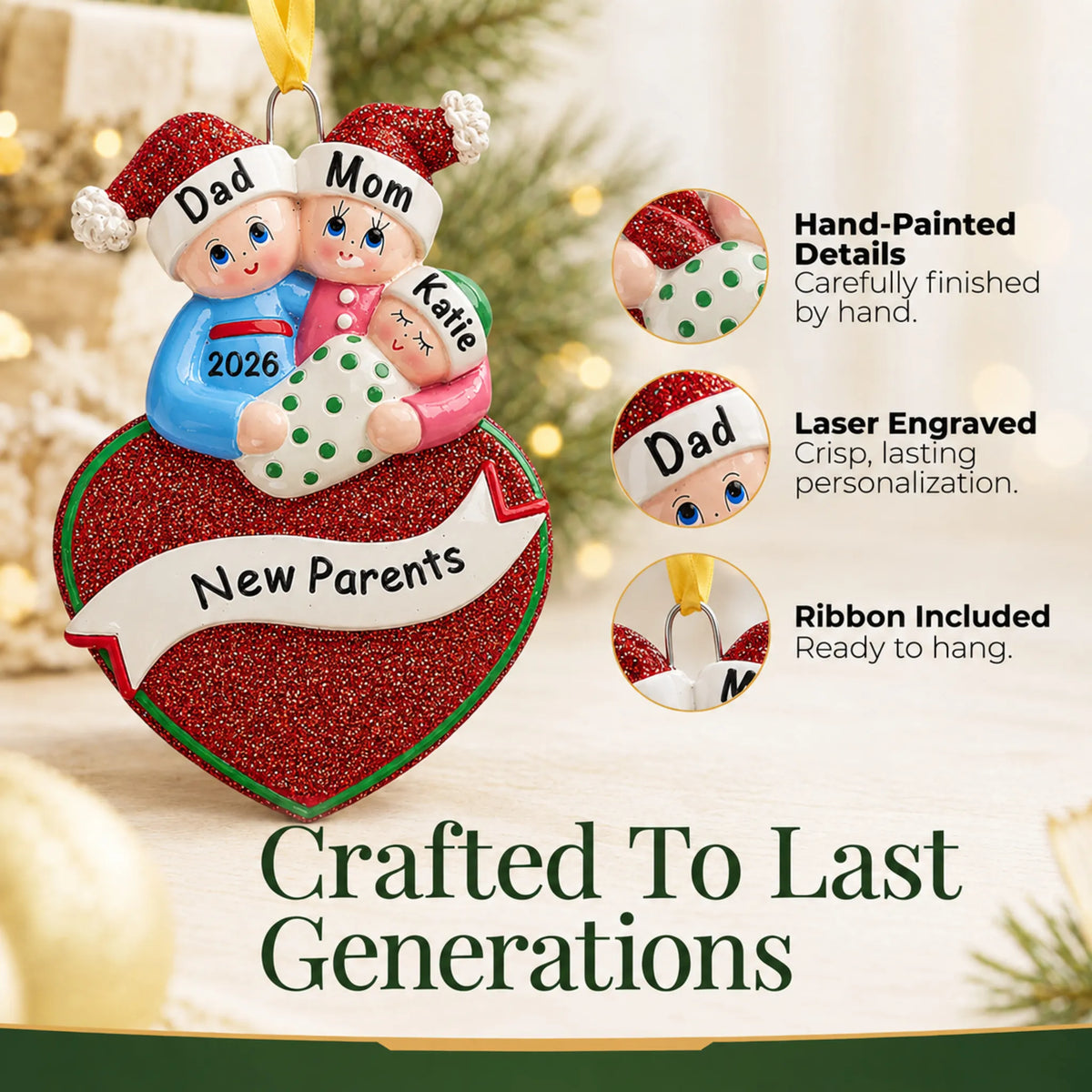 Hand-painted details and laser engraved personalization on the new parents christmas ornament, ribbon included