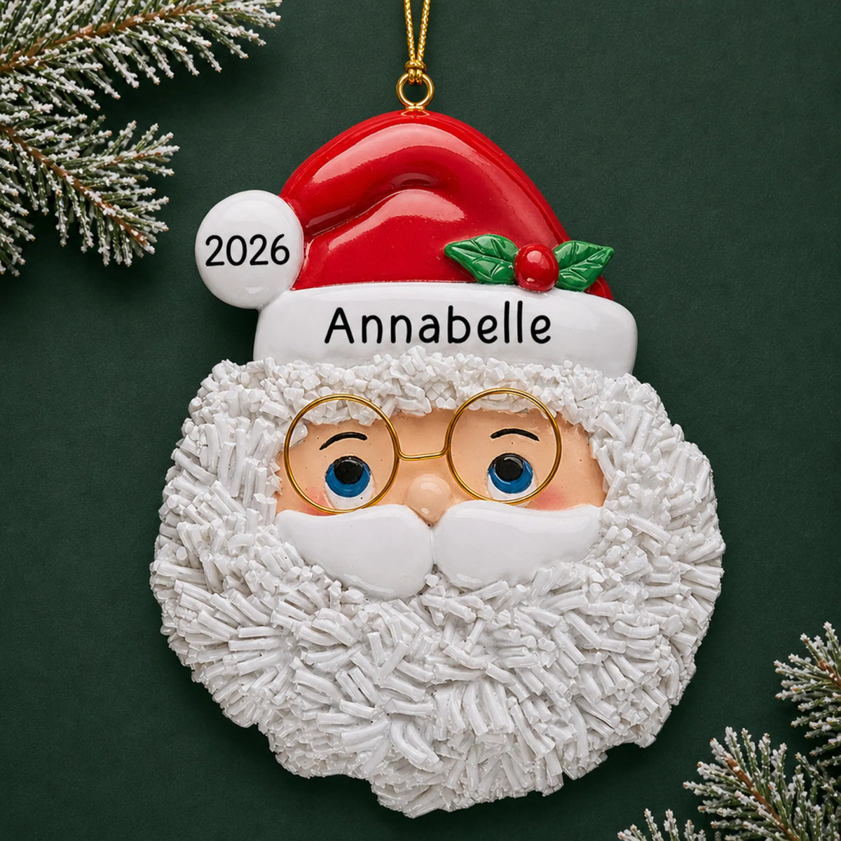 Personalized Santa Claus christmas ornament on a dark green pine background