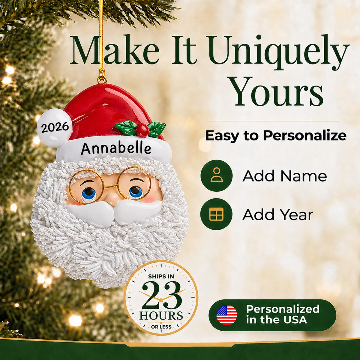 Make it yours: personalize the Santa Claus christmas ornament with a name and the year