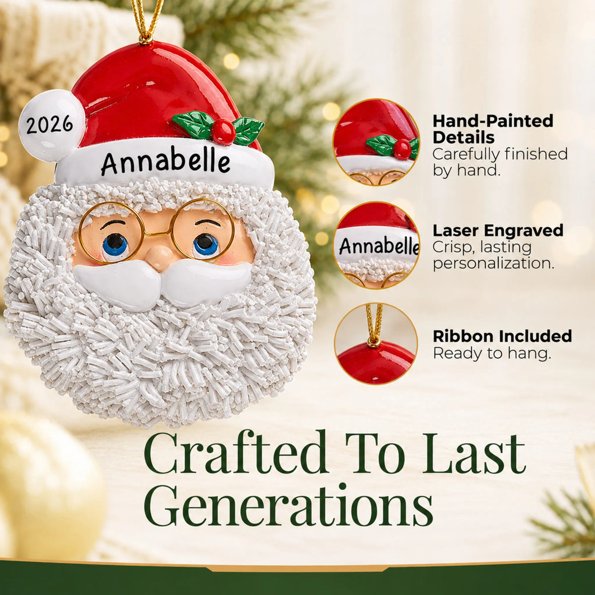Hand-painted, laser engraved Santa Claus christmas ornament, ribbon included