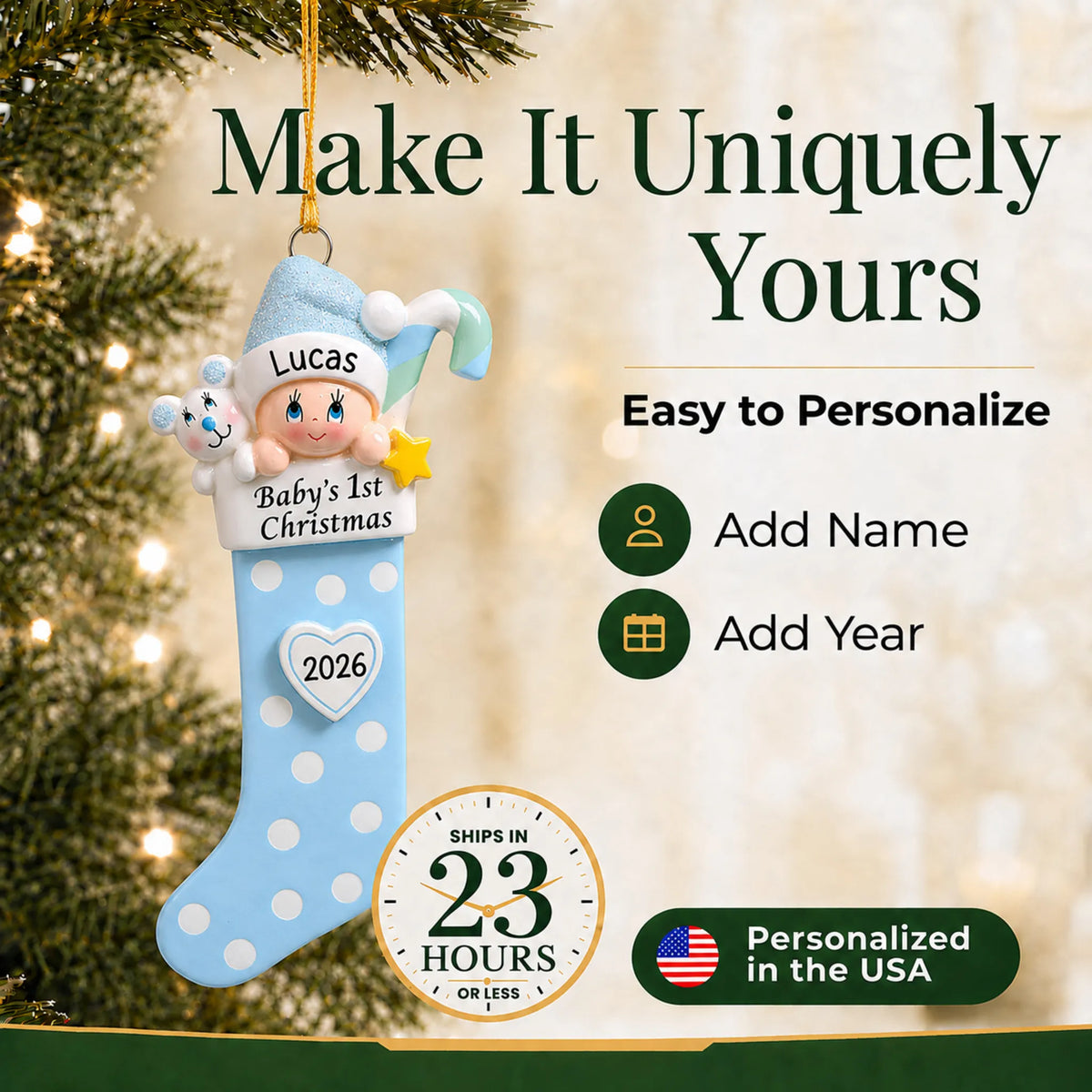 Make it yours: add name and year to the personalized blue baby's 1st christmas stocking ornament