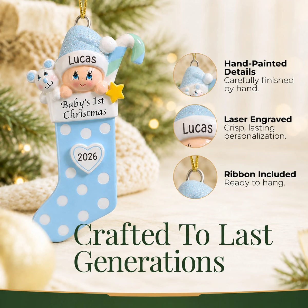 Hand-painted details and laser engraved personalization on the blue baby's 1st christmas stocking ornament, ribbon included