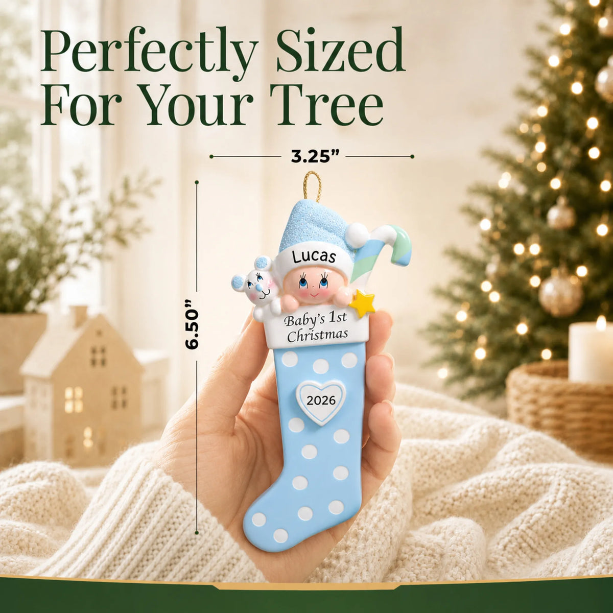 Size guide: the personalized blue baby's 1st christmas stocking ornament is 3.25 in wide by 6.50 in tall, shown in hand